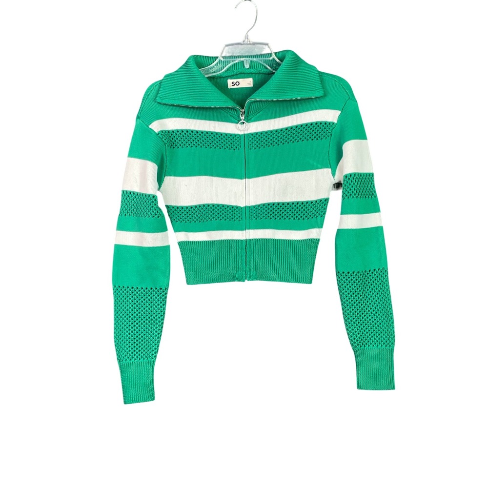 SO Full Zip Sweater Womens Small Green Striped Pointelle Cropped Long Sleeve